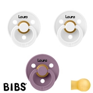BIBS Colour Schnuller mit Namen, Gr. 2, 2 White, 1 Mauve, Rund Latex, (3er Pack)